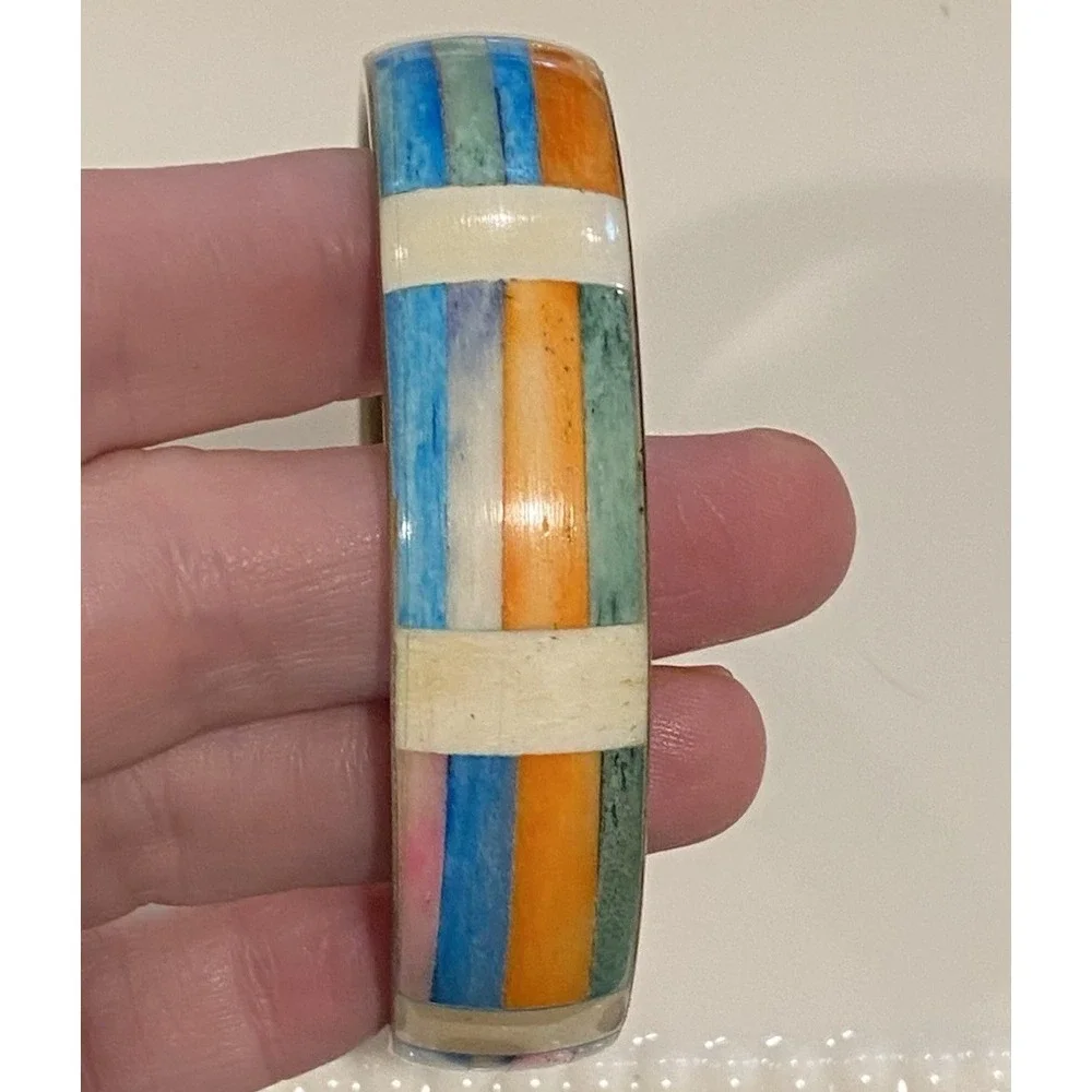 Vtg Colorful Mosaic Inlay 8 Inch Brass Bangle Bracelet 1970's Dyed Bovine Bone